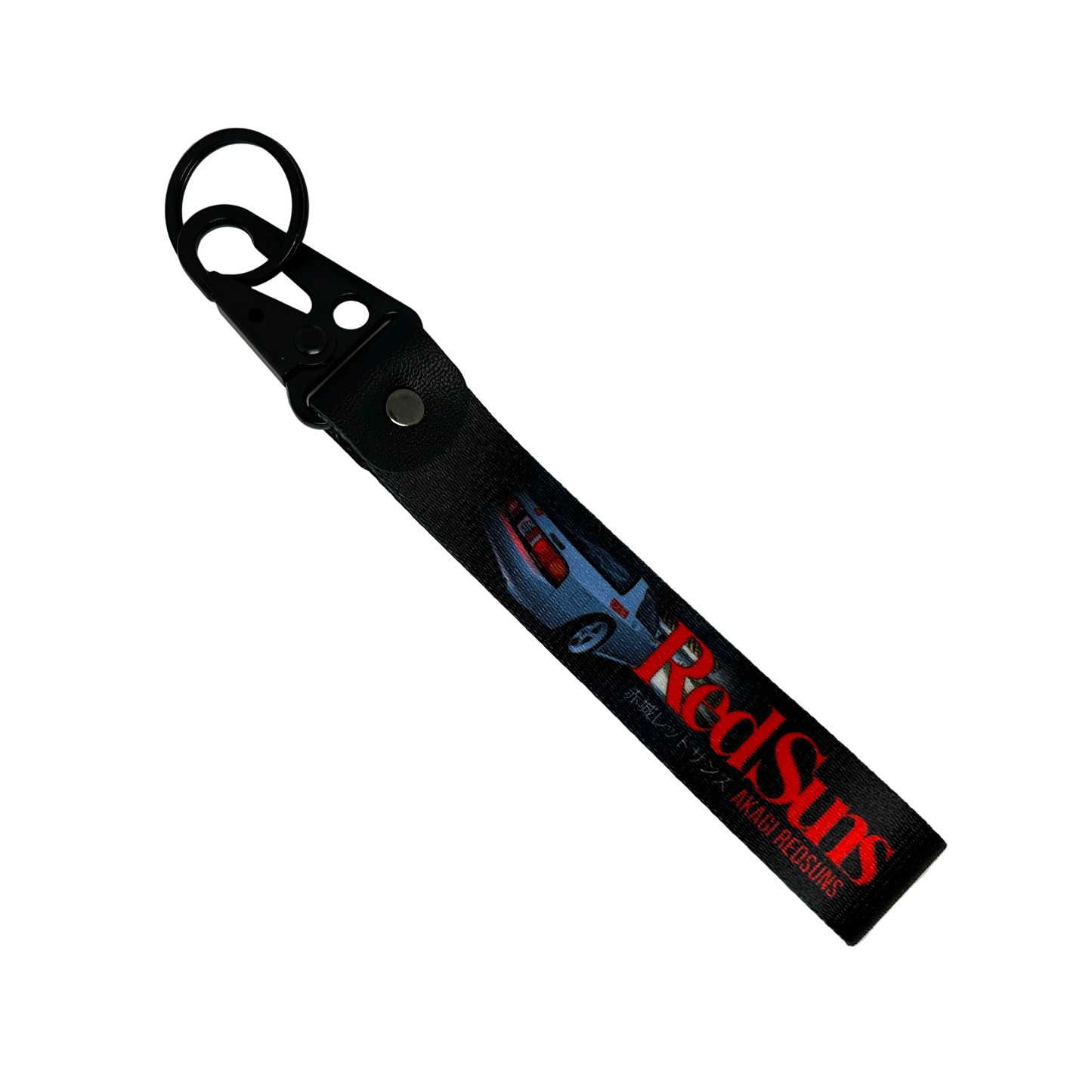 Motorev Akagi RedSuns car key tag, a zinc alloy and nylon JDM keyring featuring the iconic Initial D mountain pass racing crew design, scratch resistant and built for JDM and anime car culture enthusiasts UK