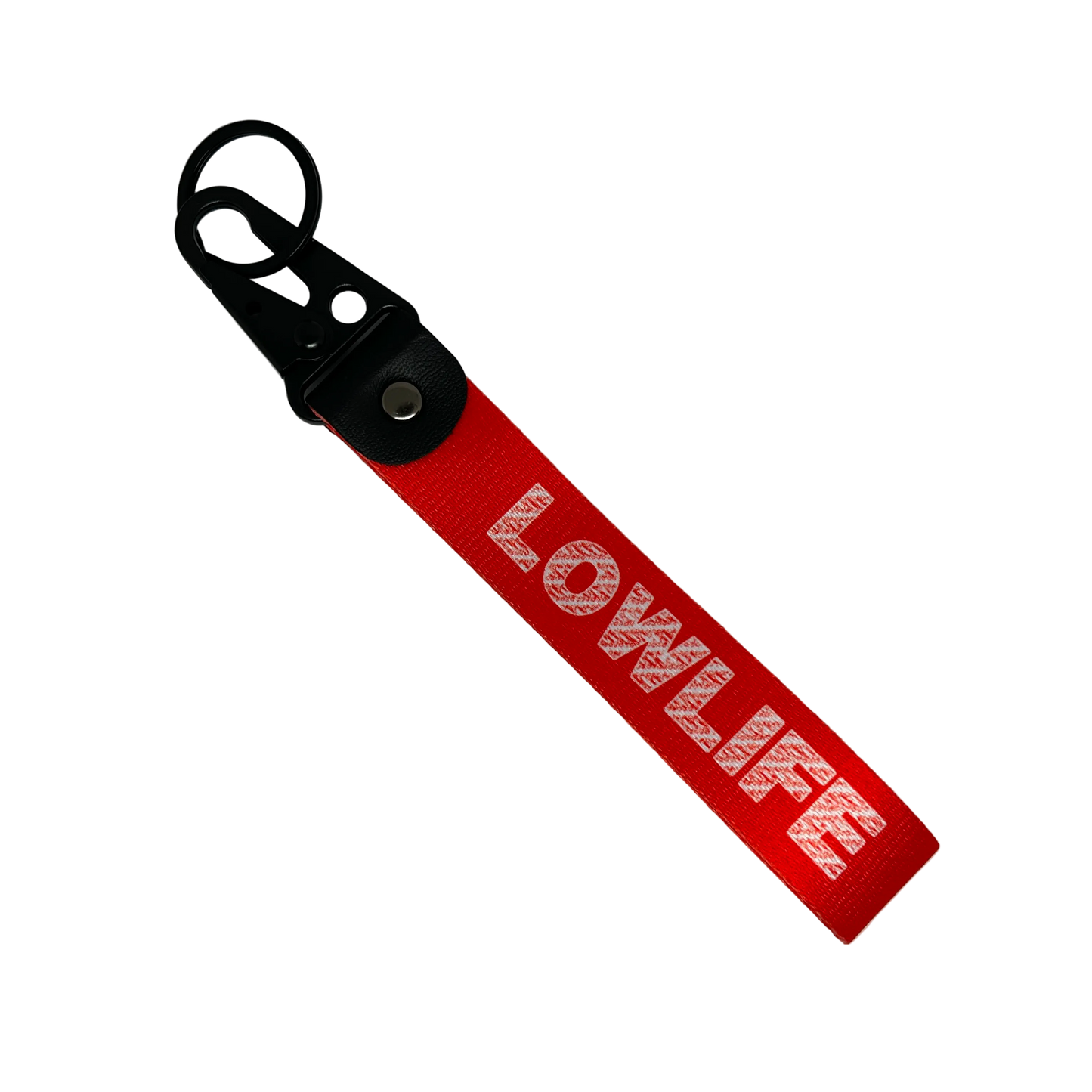 Red LOWLIFE key tag with bold street-style text – Motorev JDM car keychain accessory