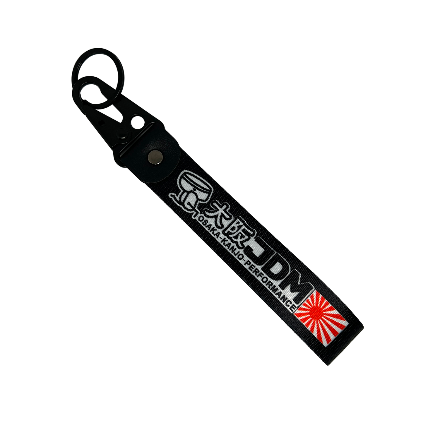 Black key tag with Japanese print, a sunrise logo and he test "JDM" – Motorev embroidered car keychain