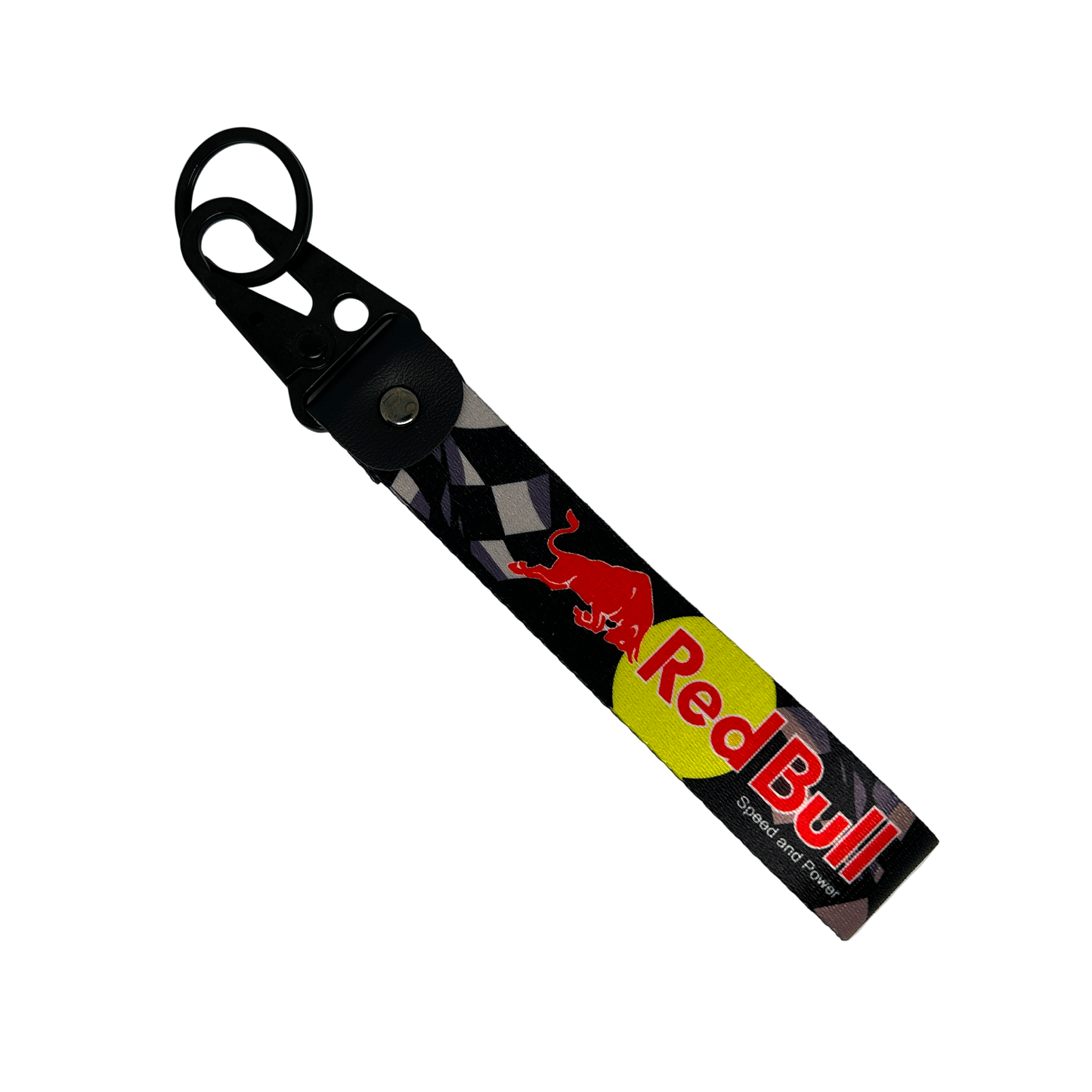 Black lanyard with Red Bull branding and a faint checkered flag design – Motorev performance keychain for car enthusiasts