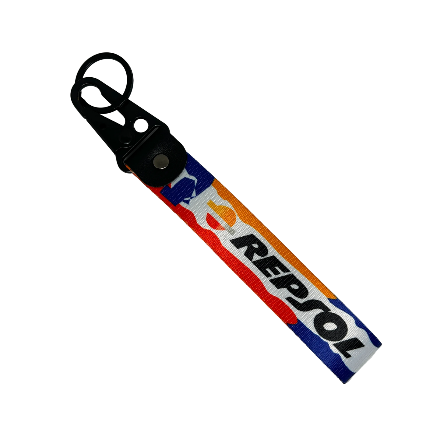 Motorev Repsol car key tag, a zinc alloy and nylon keyring featuring the iconic Repsol motorsport livery design, scratch resistant and built for motorsport and racing enthusiasts UK