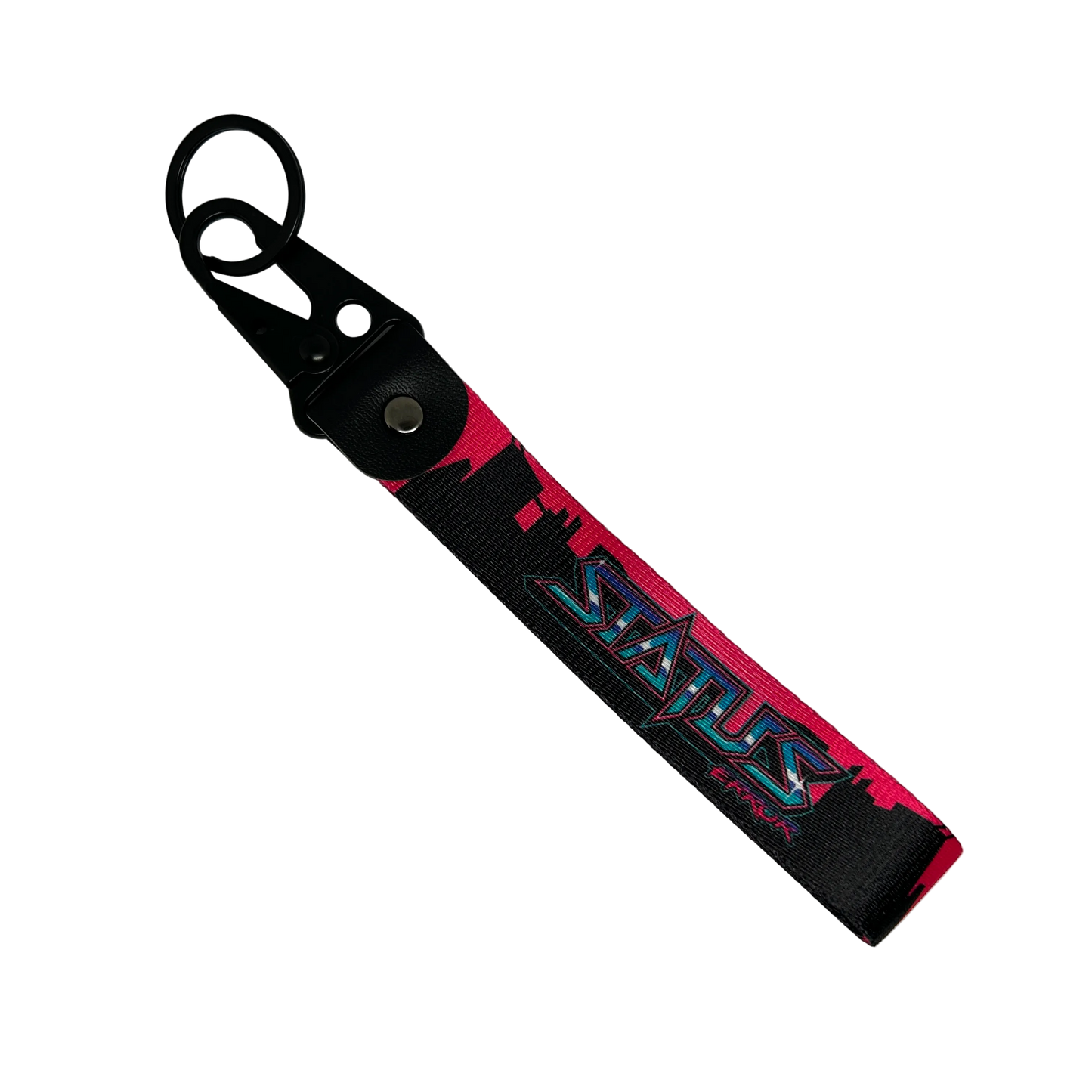 Motorev STATUS ERROR City Skyline car key tag, a zinc alloy and nylon keyring featuring a striking urban city skyline graphic design, scratch resistant and built for car culture and street style enthusiasts UK