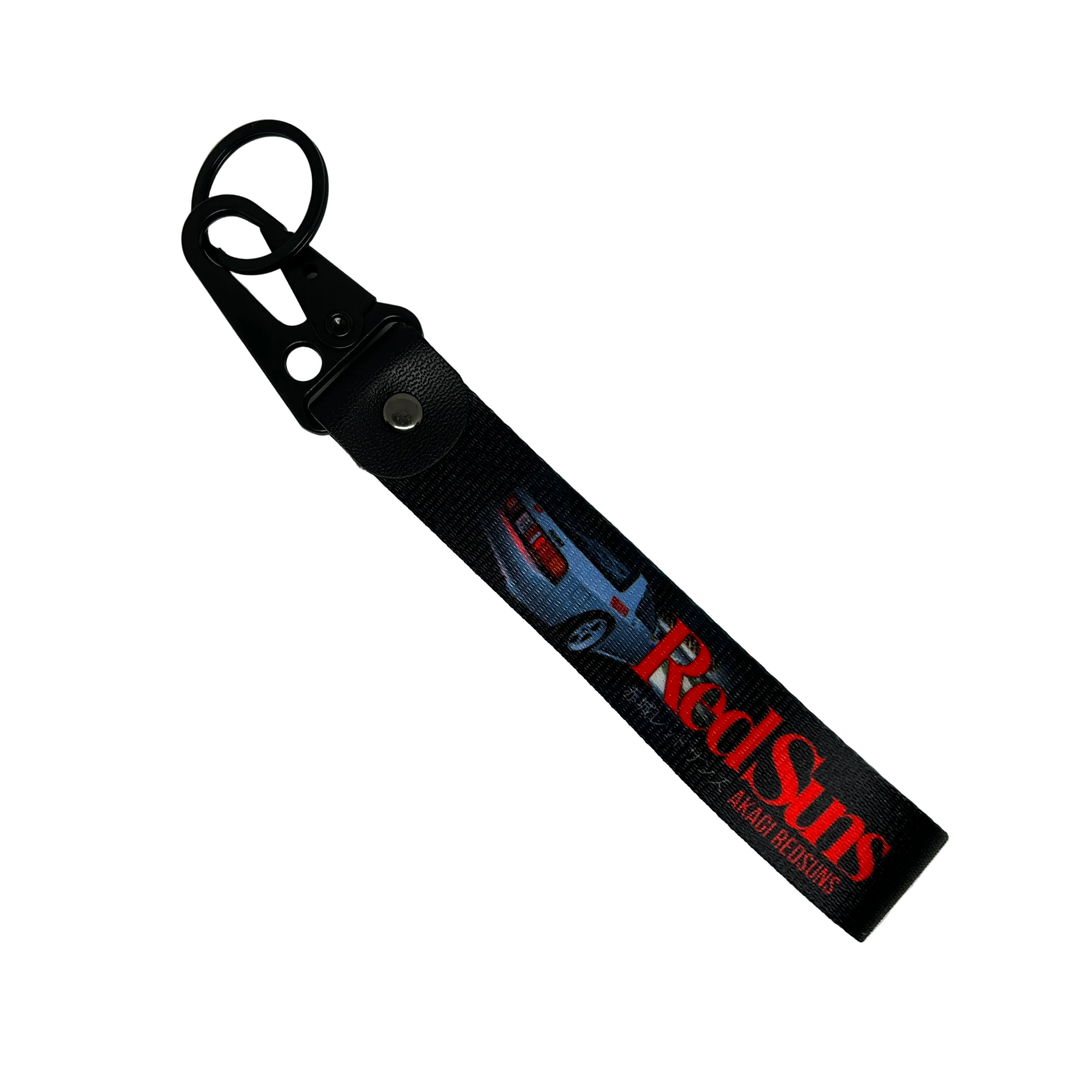 Motorev Akagi RedSuns car key tag, a zinc alloy and nylon JDM keyring featuring the iconic Initial D mountain pass racing crew design, scratch resistant and built for JDM and anime car culture enthusiasts UK