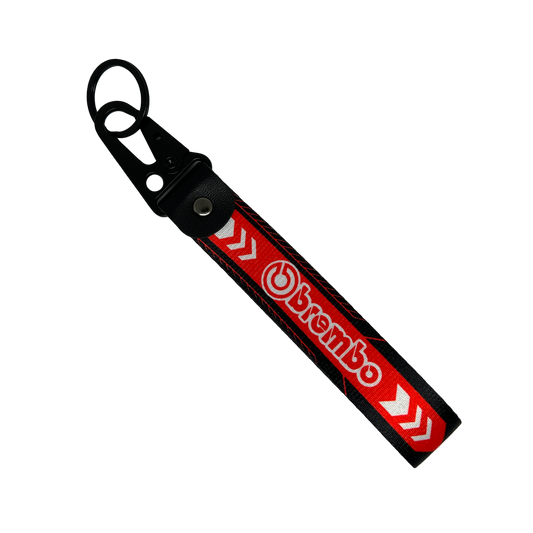 Red key tag with black accents and the brembo logo – Motorev JDM car accessory