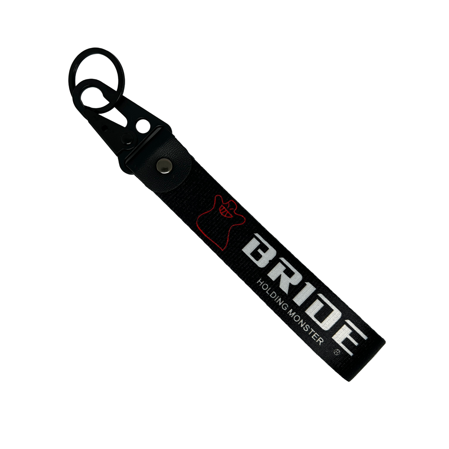 Black key tag with BRIDE HOLDING MONSTER branding in white print – Motorev embroidered car keychain