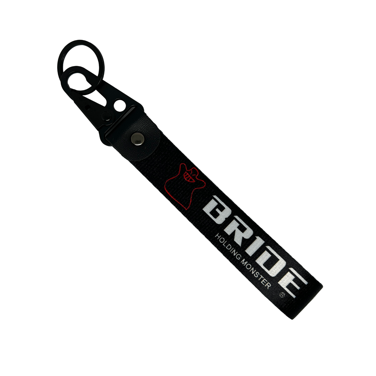 Black key tag with BRIDE HOLDING MONSTER branding in white print – Motorev embroidered car keychain