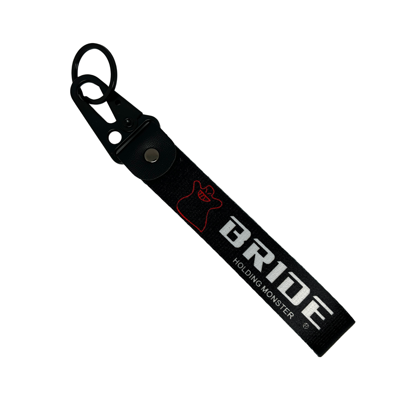 Black key tag with BRIDE HOLDING MONSTER branding in white print – Motorev embroidered car keychain