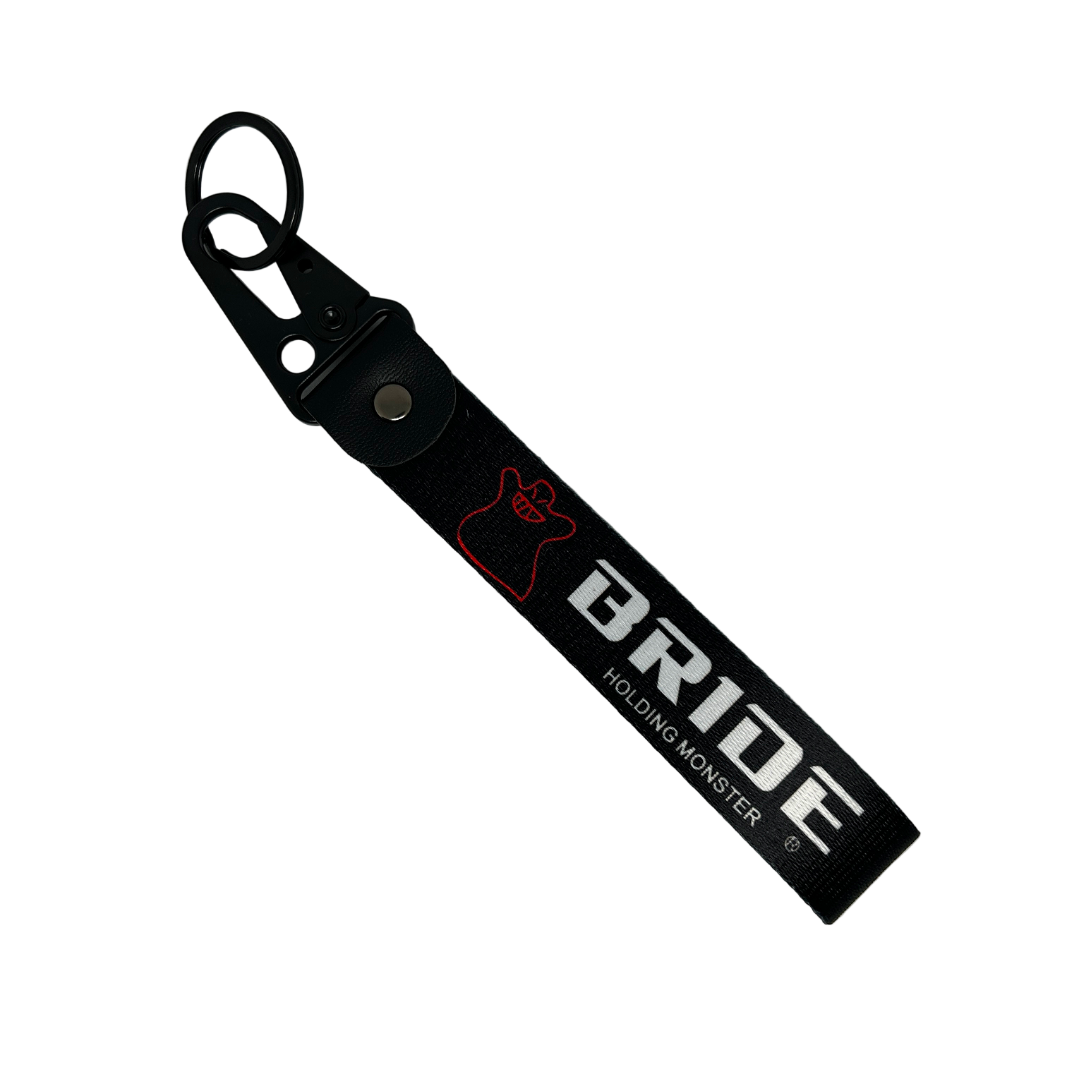 Black key tag with BRIDE HOLDING MONSTER branding in white print – Motorev embroidered car keychain