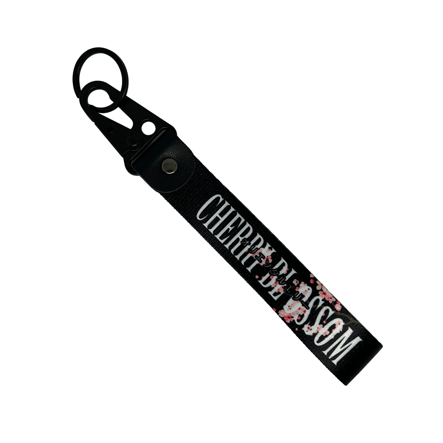 Black key tag with a floral cherry blossom design and cherry clossom in text – Motorev car accessory