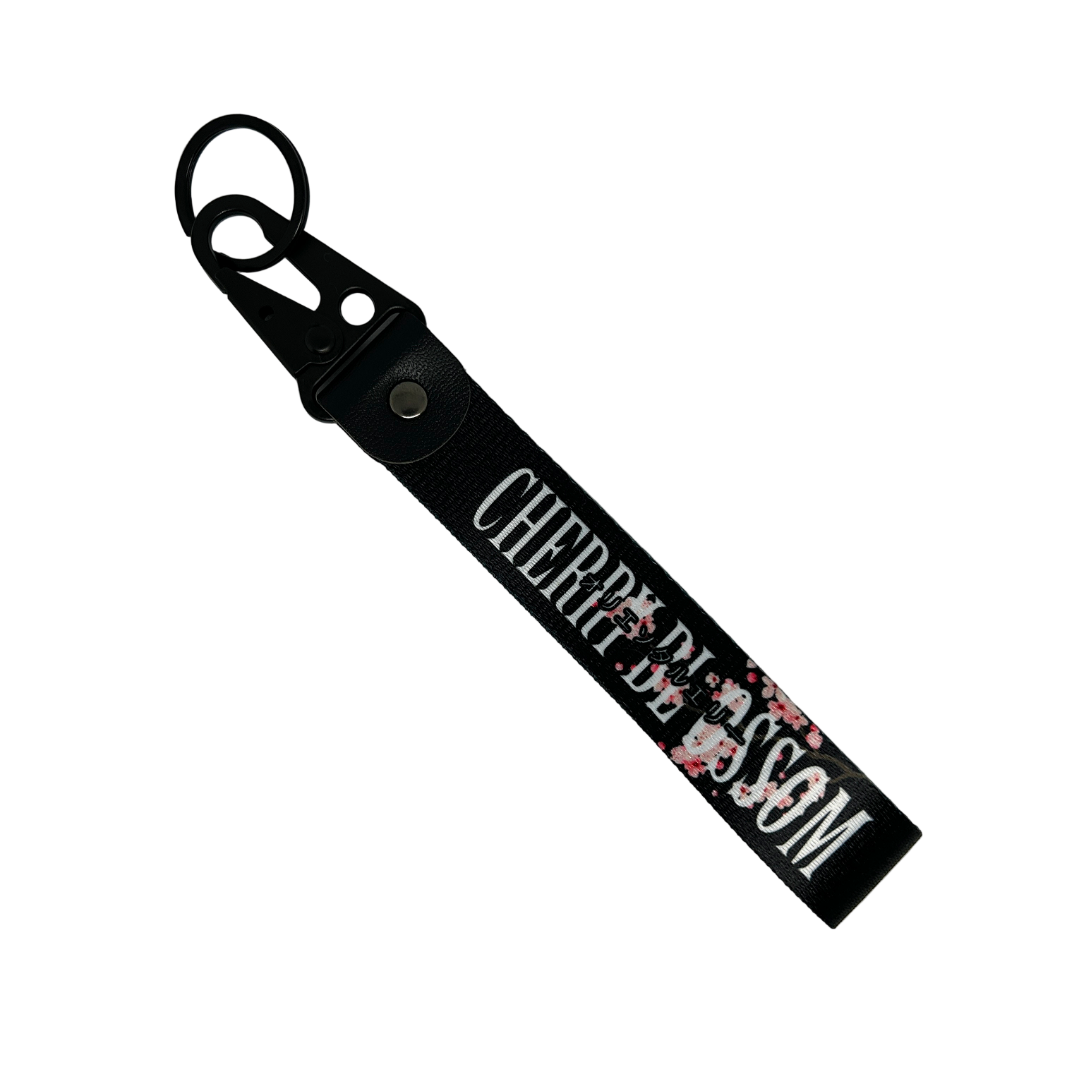 Black key tag with a floral cherry blossom design and cherry clossom in text – Motorev car accessory