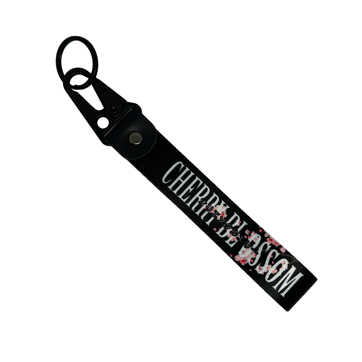 Black key tag with a floral cherry blossom design and cherry clossom in text – Motorev car accessory
