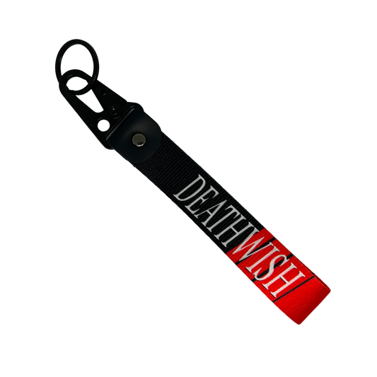 Red and black Death Wish key tag with Deathwish text – Motorev JDM car keychain