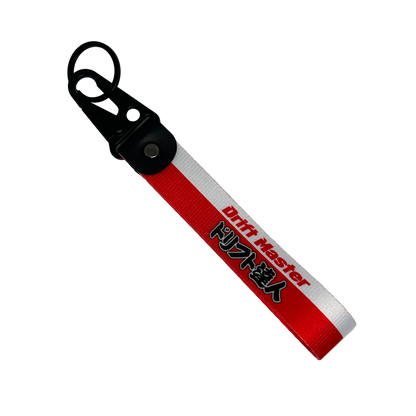 Red and white Drift Master key tag with English and Japanese text – Motorev JDM car keychain