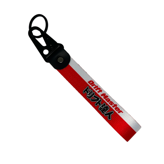 Red and white Drift Master key tag with English and Japanese text – Motorev JDM car keychain