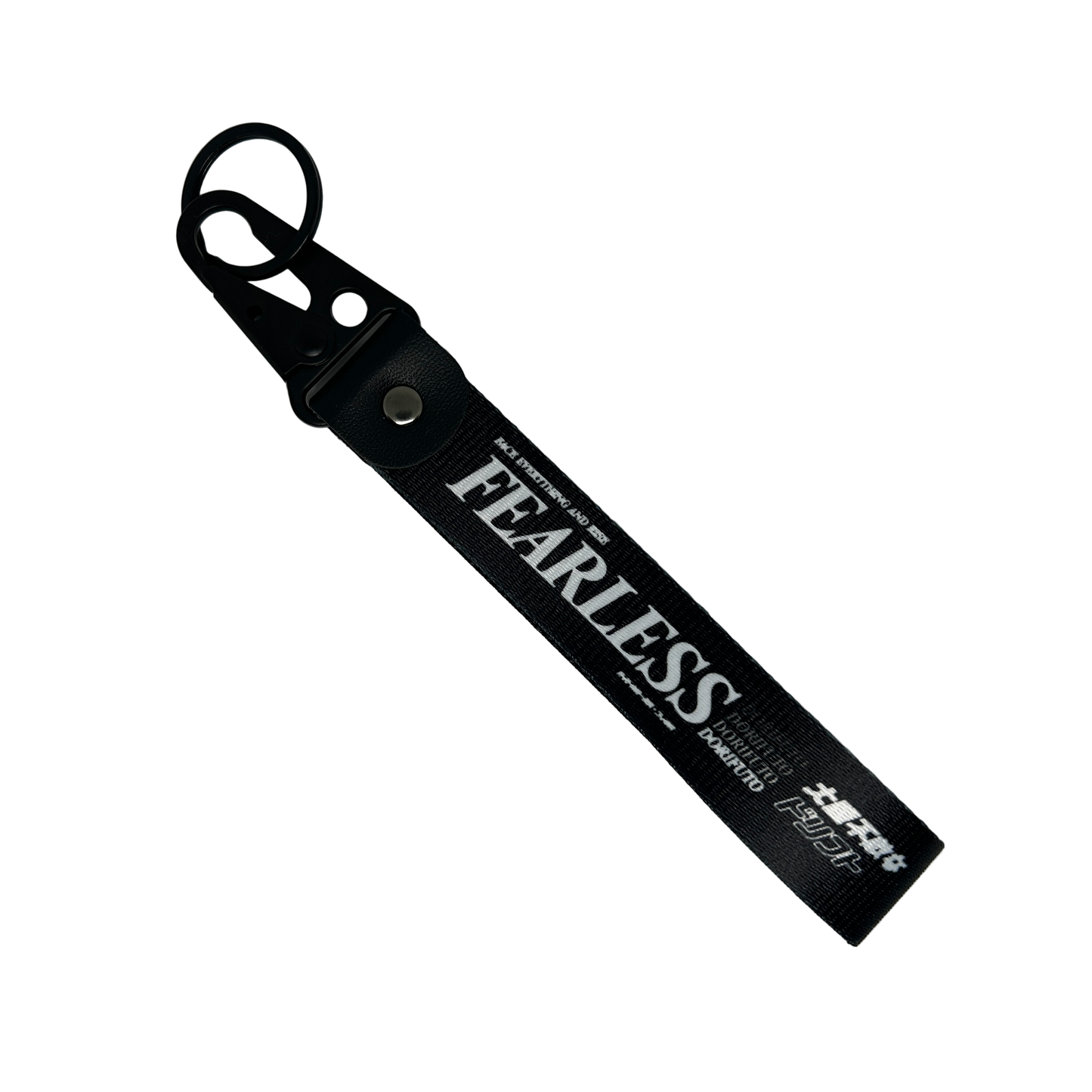 Black Fearless key tag with white text and drift design – Motorev JDM car keychain accessory