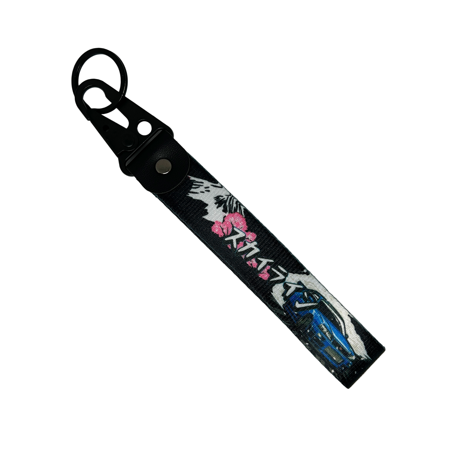 Black key tag with Mount Fuji, cherry blossom and a Nissan GTR, also including Japanese text – Motorev JDM car accessory