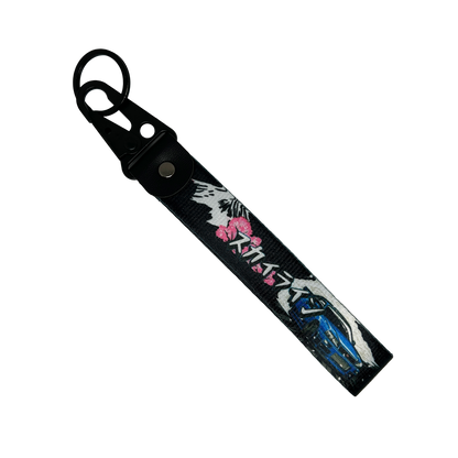 Black key tag with Mount Fuji, cherry blossom and a Nissan GTR, also including Japanese text – Motorev JDM car accessory