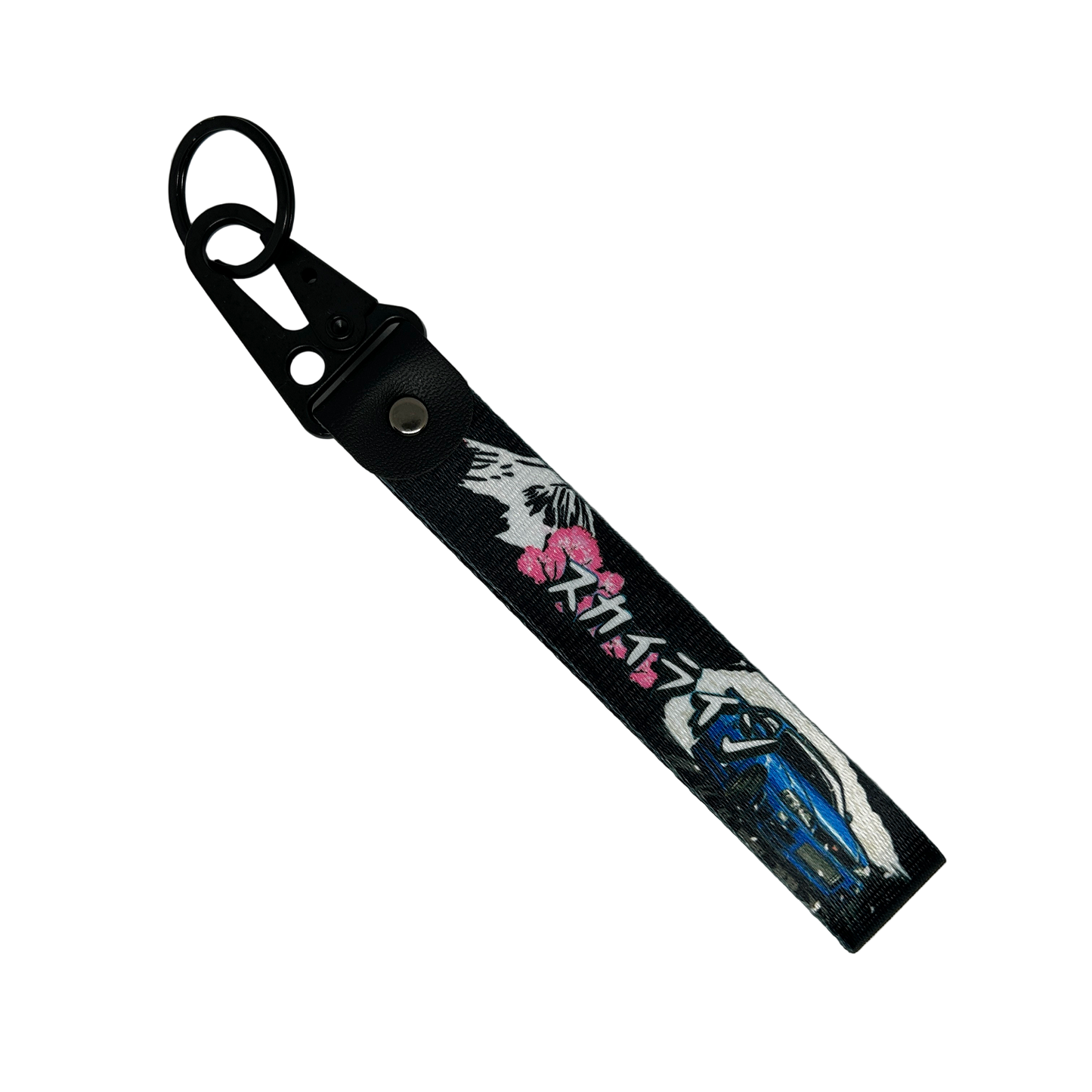 Black key tag with Mount Fuji, cherry blossom and a Nissan GTR, also including Japanese text – Motorev JDM car accessory