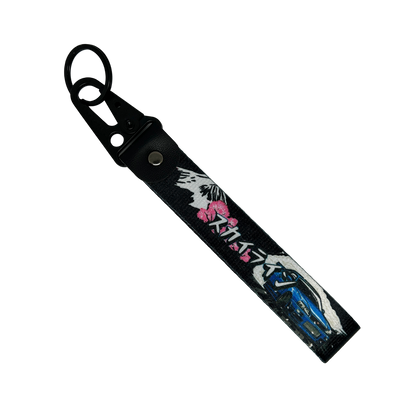 Black key tag with Mount Fuji, cherry blossom and a Nissan GTR, also including Japanese text – Motorev JDM car accessory