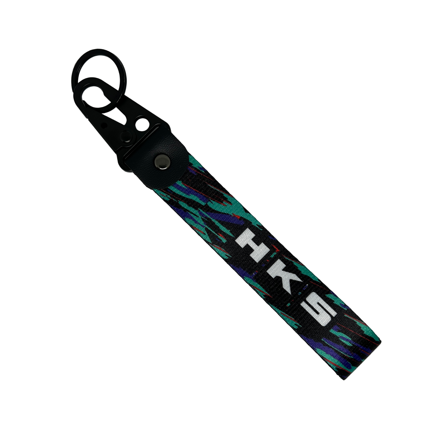 Glitch patterned key tag with HKS branding – Motorev embroidered car keychain