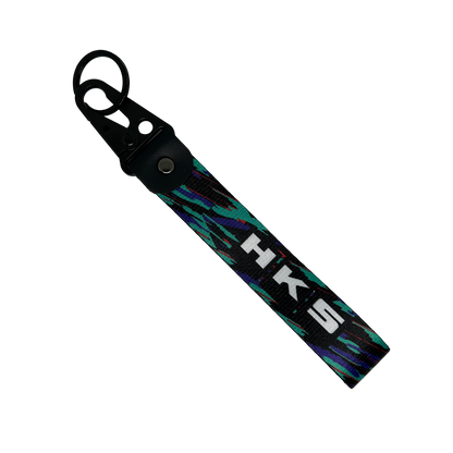 Glitch patterned key tag with HKS branding – Motorev embroidered car keychain