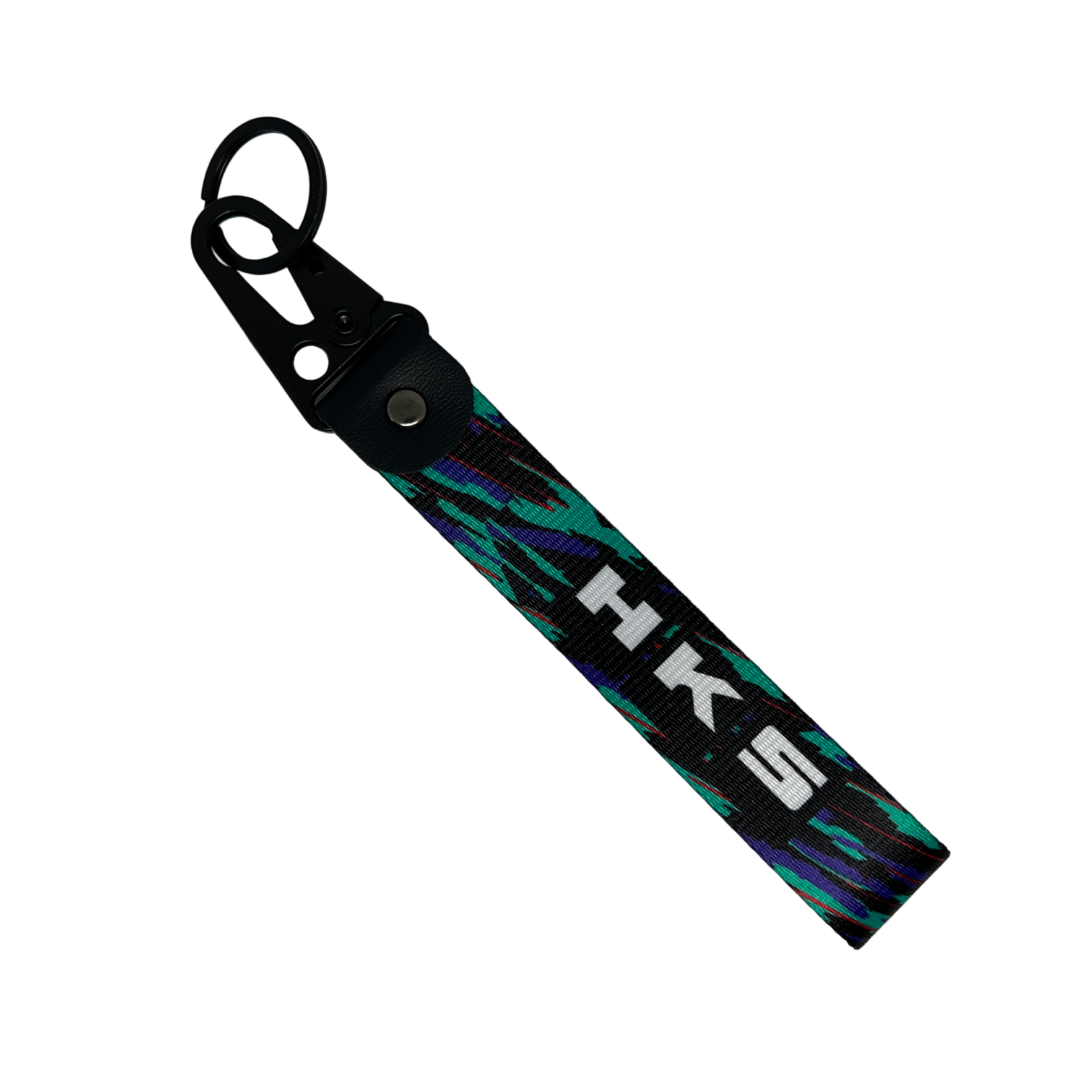 Glitch patterned key tag with HKS branding – Motorev embroidered car keychain
