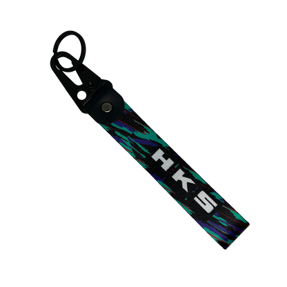 Glitch patterned key tag with HKS branding – Motorev embroidered car keychain