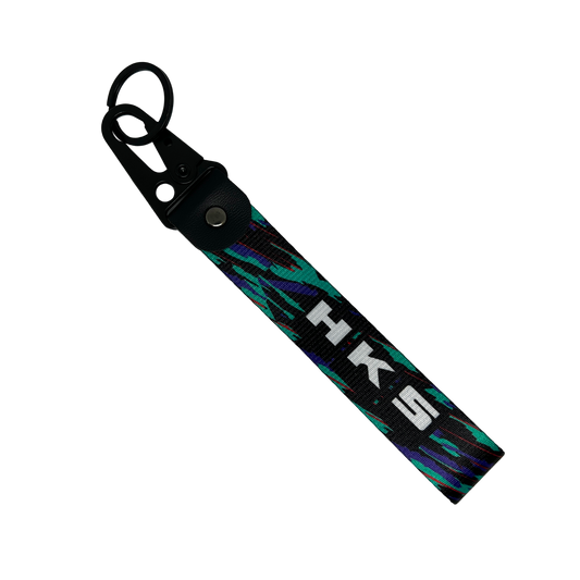 Glitch patterned key tag with HKS branding – Motorev embroidered car keychain