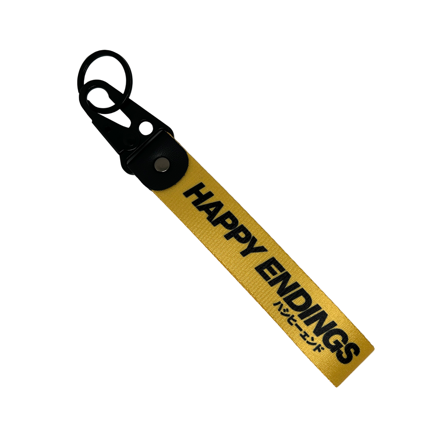 Yellow key tag with Happy Endings branding and Japanese text – Motorev car accessory