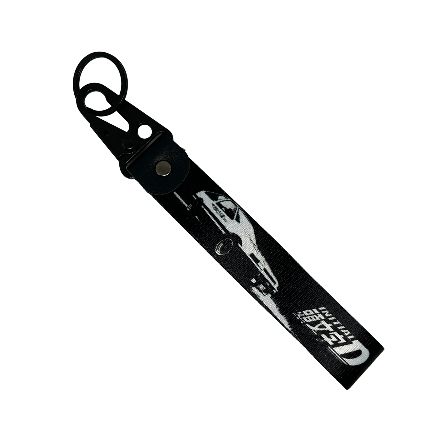 Black key tag with a Toyota AE86 and the Initial D manga logo – Motorev automotive keychain accessory