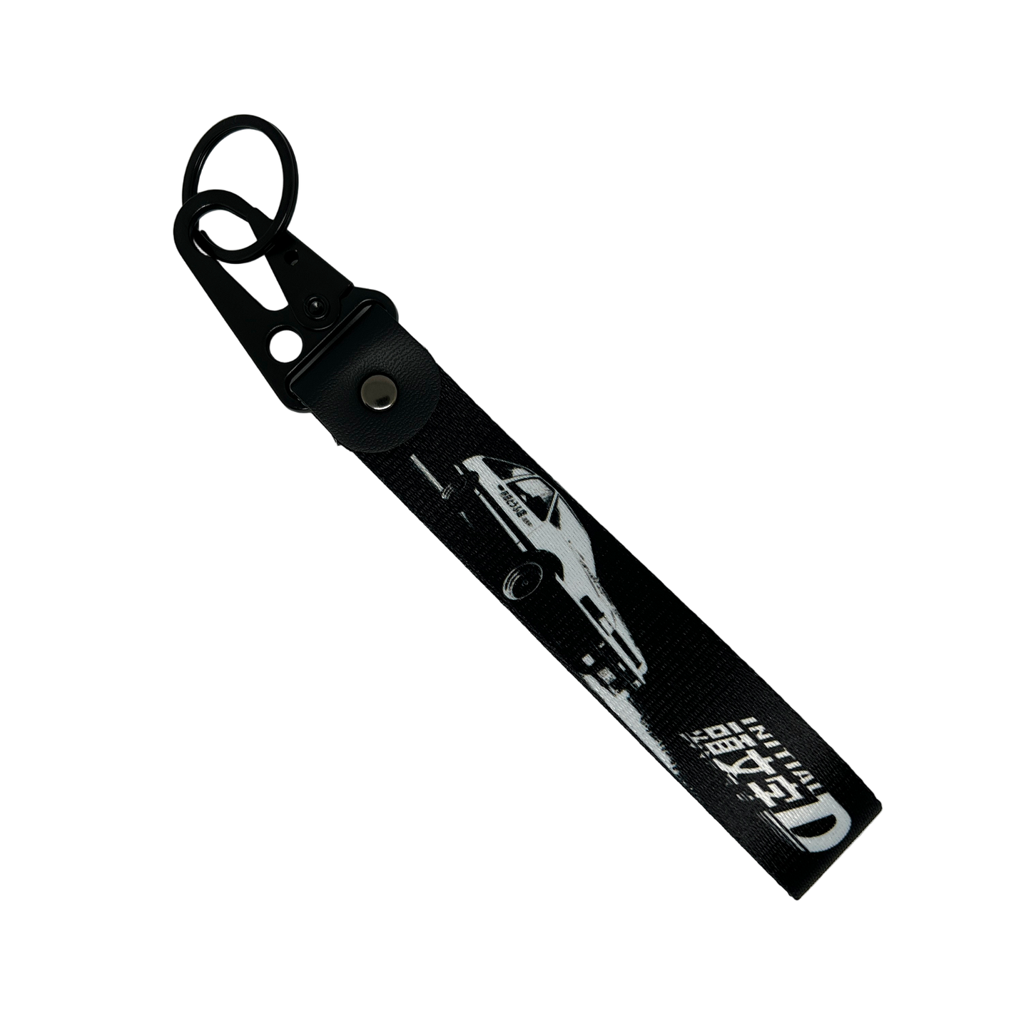 Black key tag with a Toyota AE86 and the Initial D manga logo – Motorev automotive keychain accessory