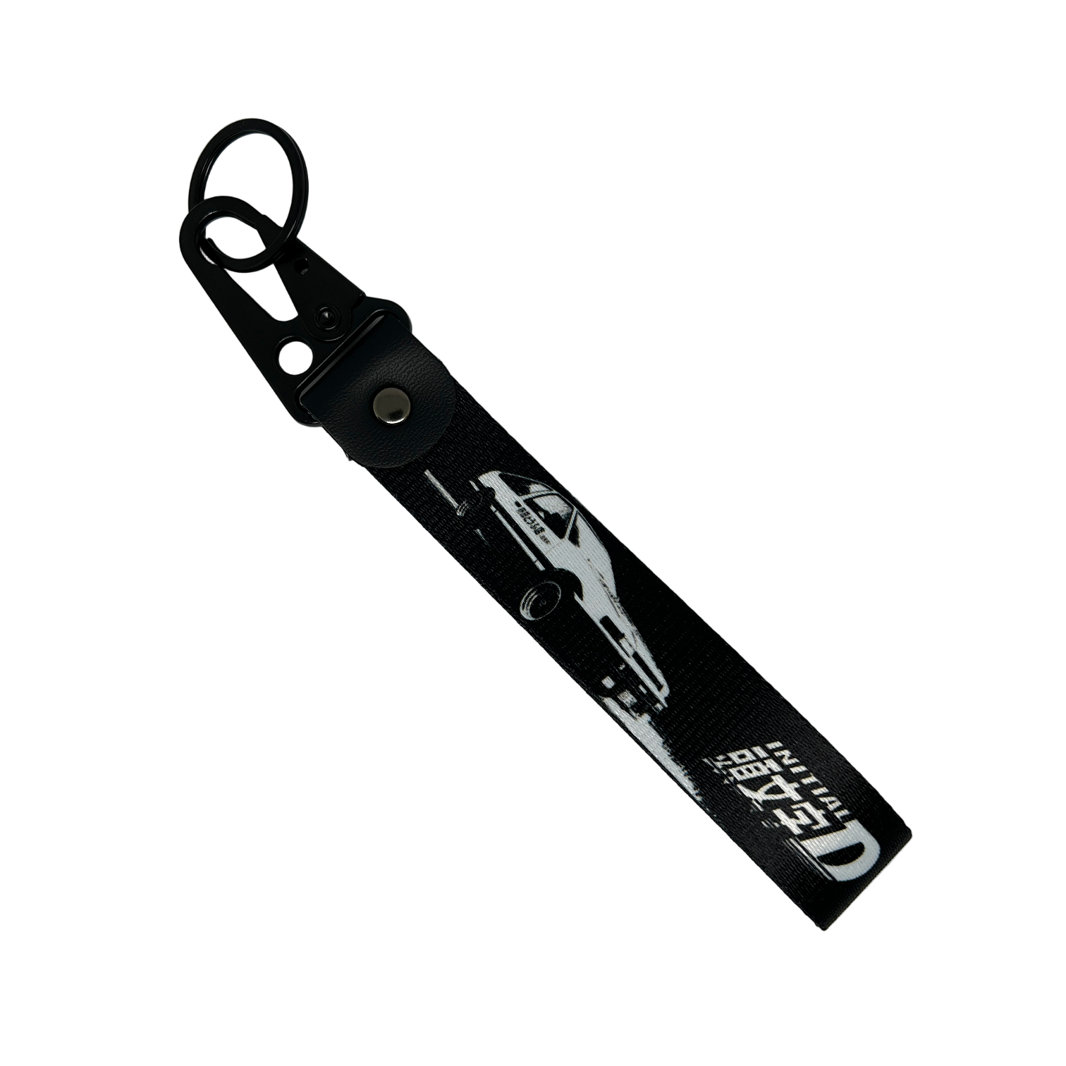 Black key tag with a Toyota AE86 and the Initial D manga logo – Motorev automotive keychain accessory