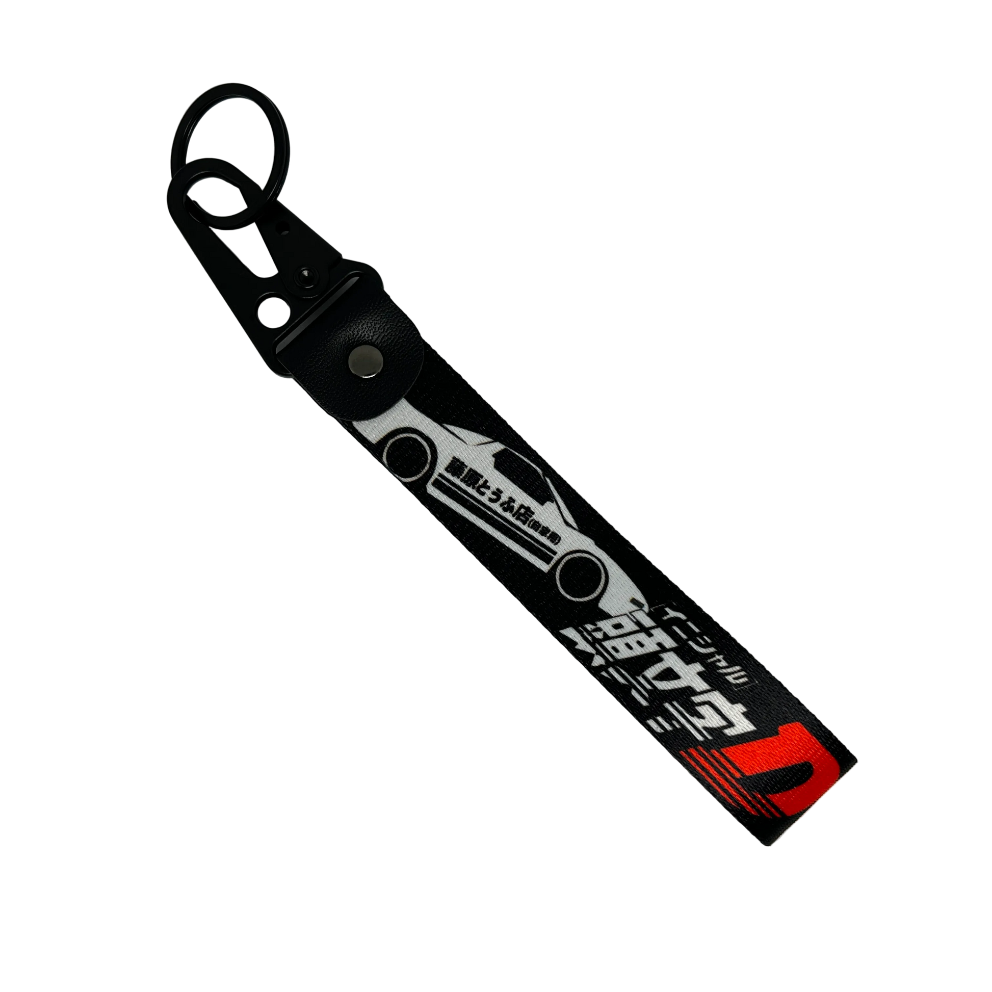 Motorev Initial D AE86 Trueno car key tag, a black wrist strap JDM keyring featuring the iconic Toyota AE86 Trueno silhouette with Japanese kanji and Initial D branding, built for JDM and anime car culture enthusiasts UK