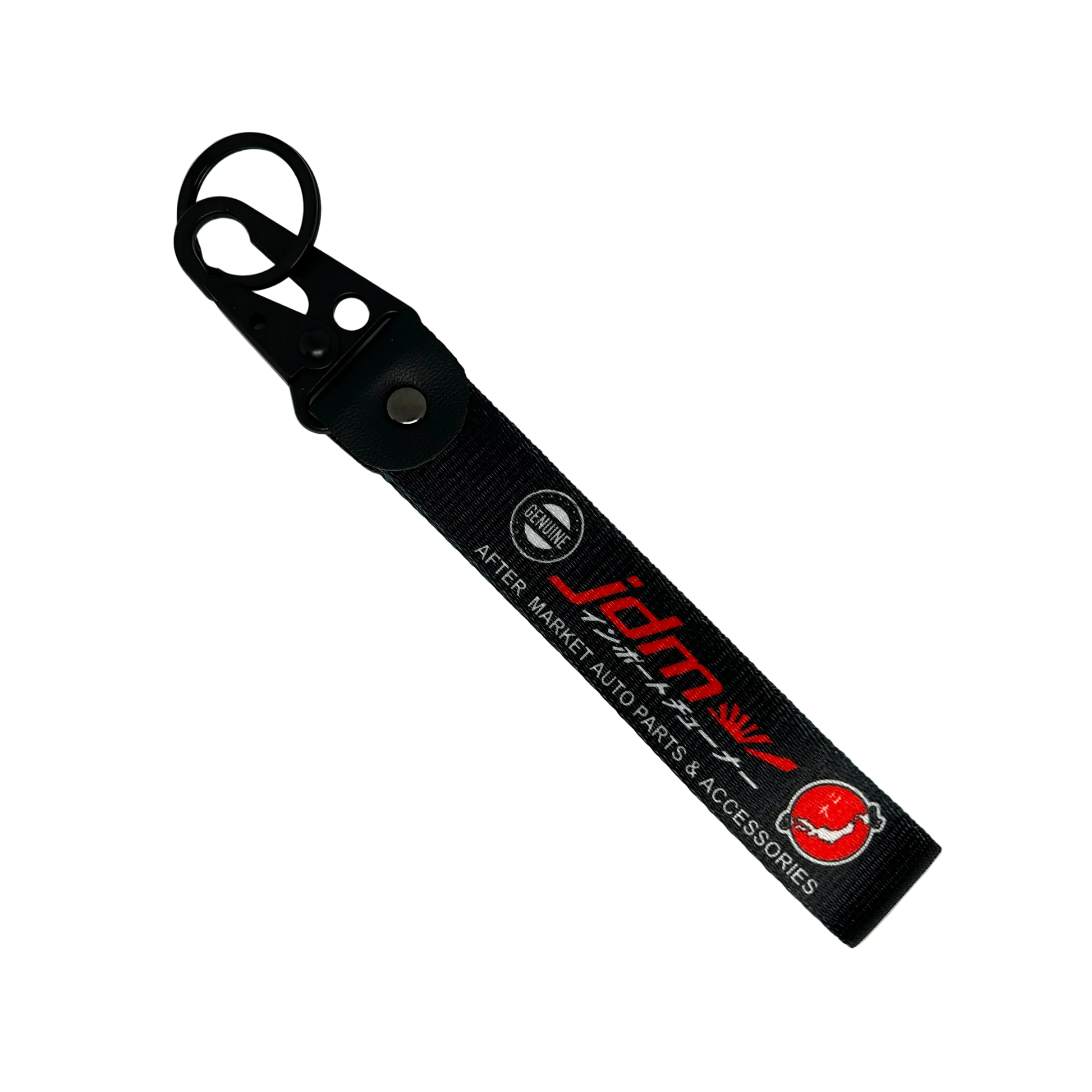Black JDM Import Tuner key tag with bold performance text – Motorev car keychain accessory
