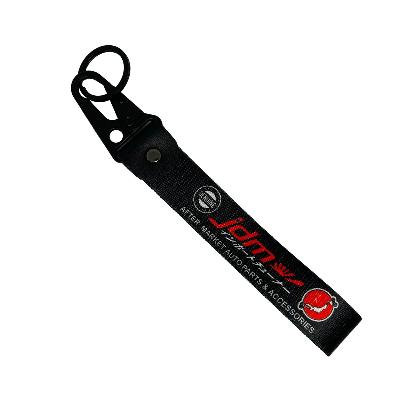 Black JDM Import Tuner key tag with bold performance text – Motorev car keychain accessory
