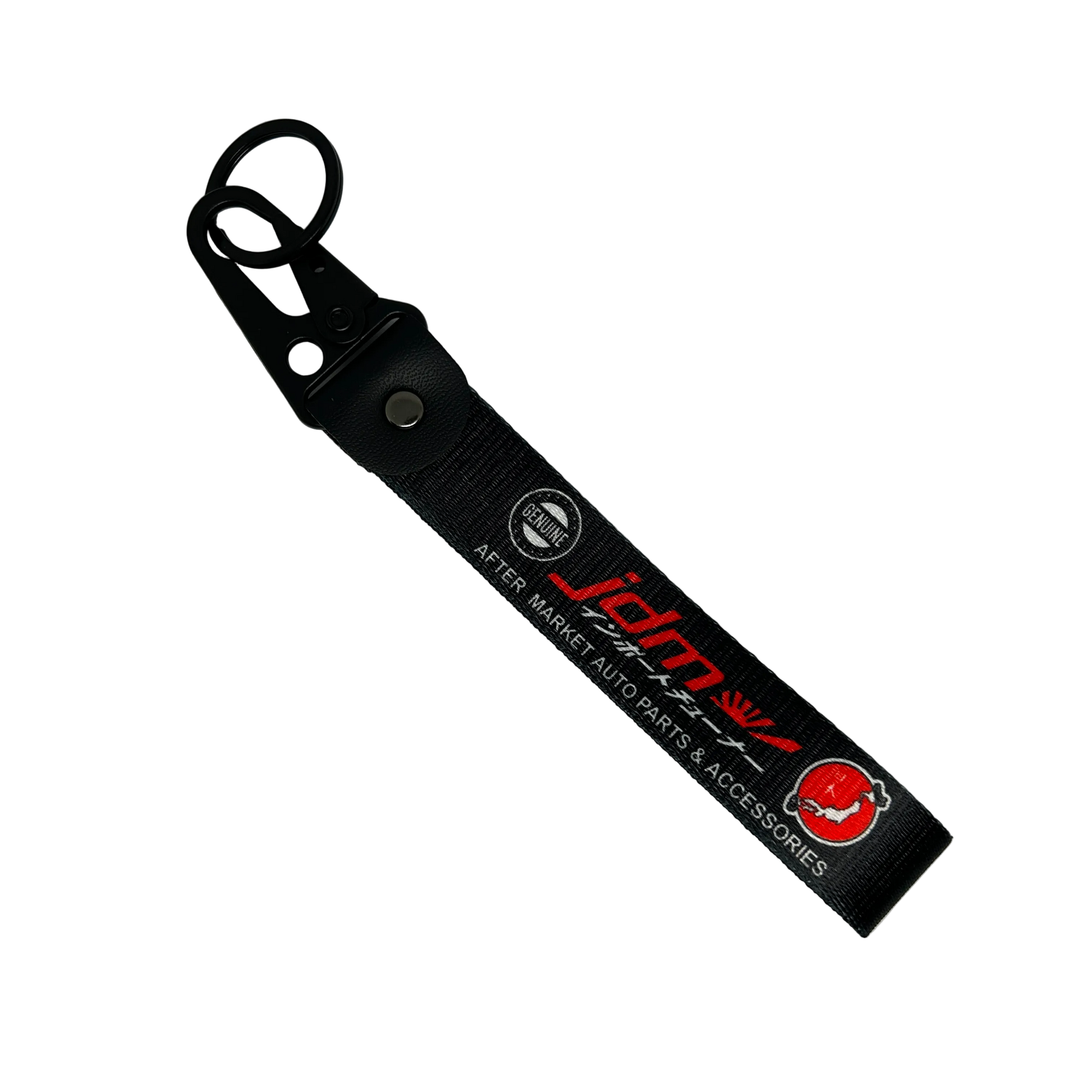Black JDM Import Tuner key tag with bold performance text – Motorev car keychain accessory