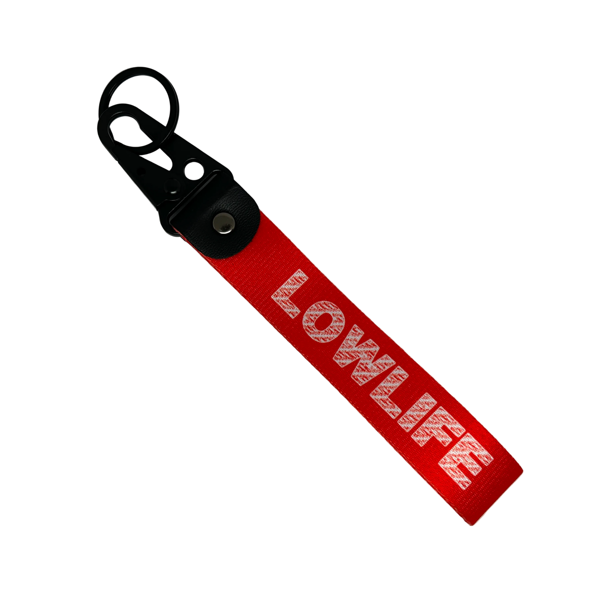 Red LOWLIFE key tag with bold street-style text – Motorev JDM car keychain accessory