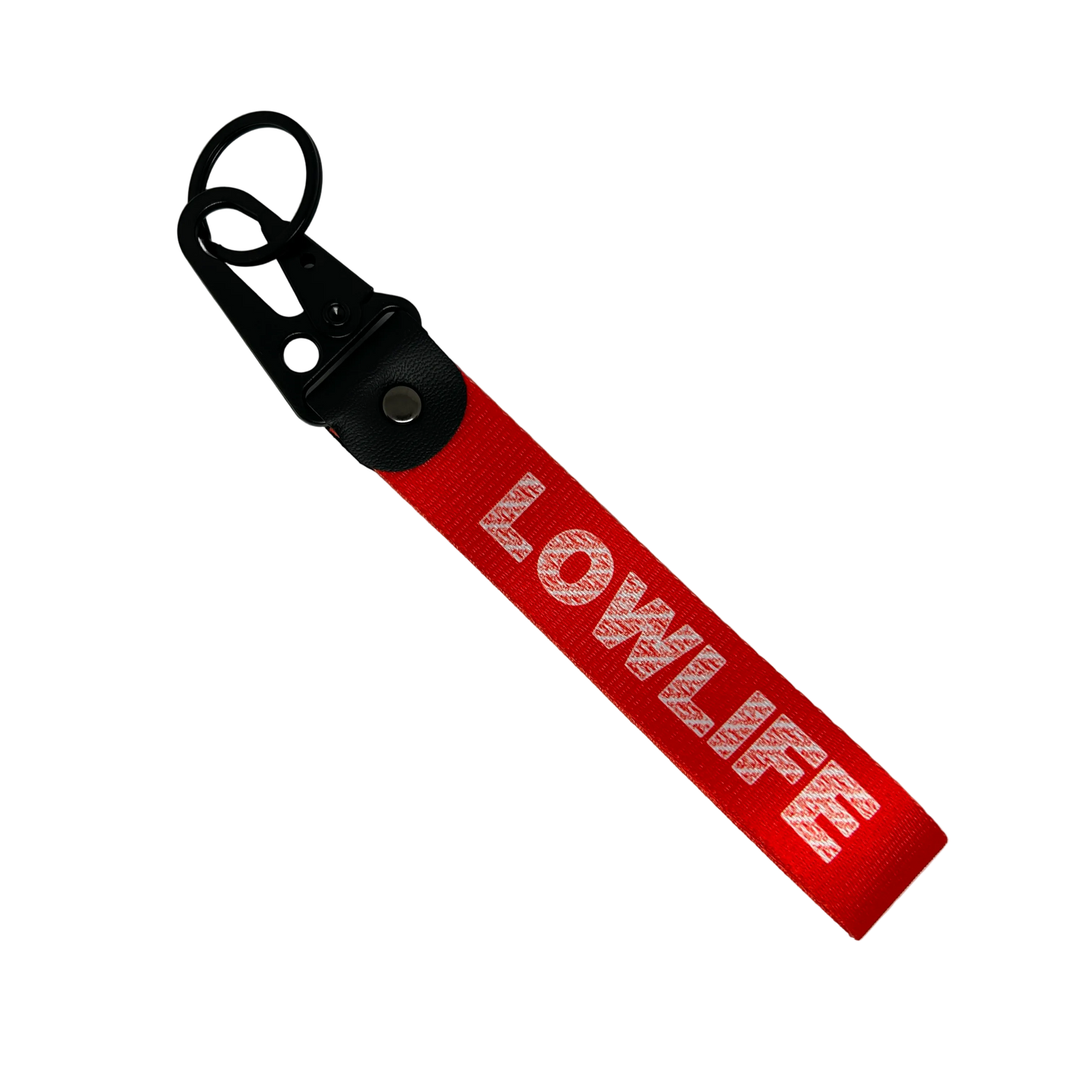 Red LOWLIFE key tag with bold street-style text – Motorev JDM car keychain accessory