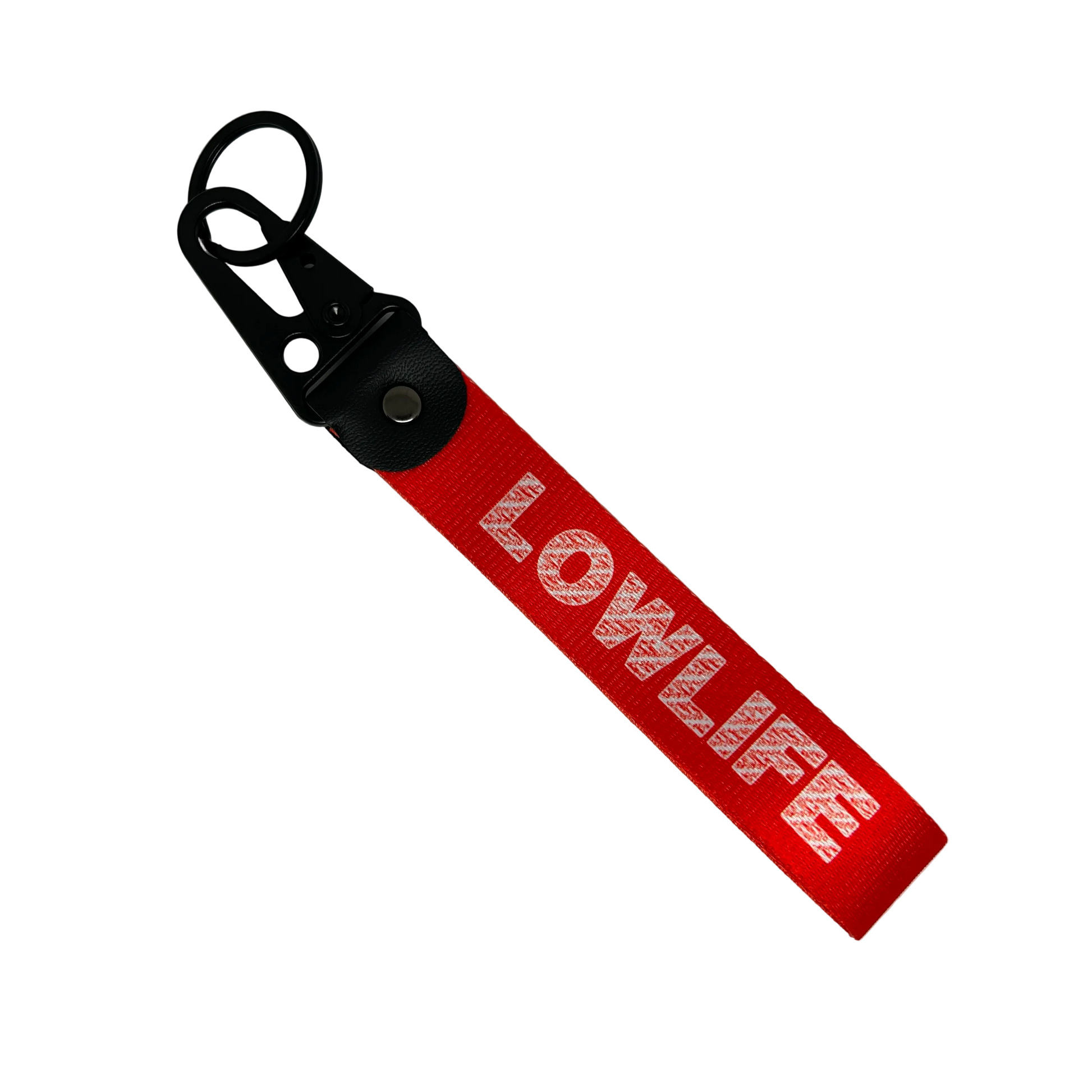 Red LOWLIFE key tag with bold street-style text – Motorev JDM car keychain accessory