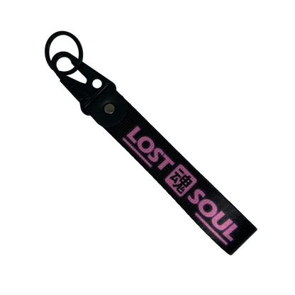 Black Lost Soul key tag with pink text and Japanese soul symbol – Motorev JDM car keychain