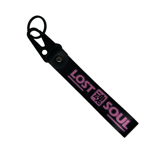 Black Lost Soul key tag with pink text and Japanese soul symbol – Motorev JDM car keychain
