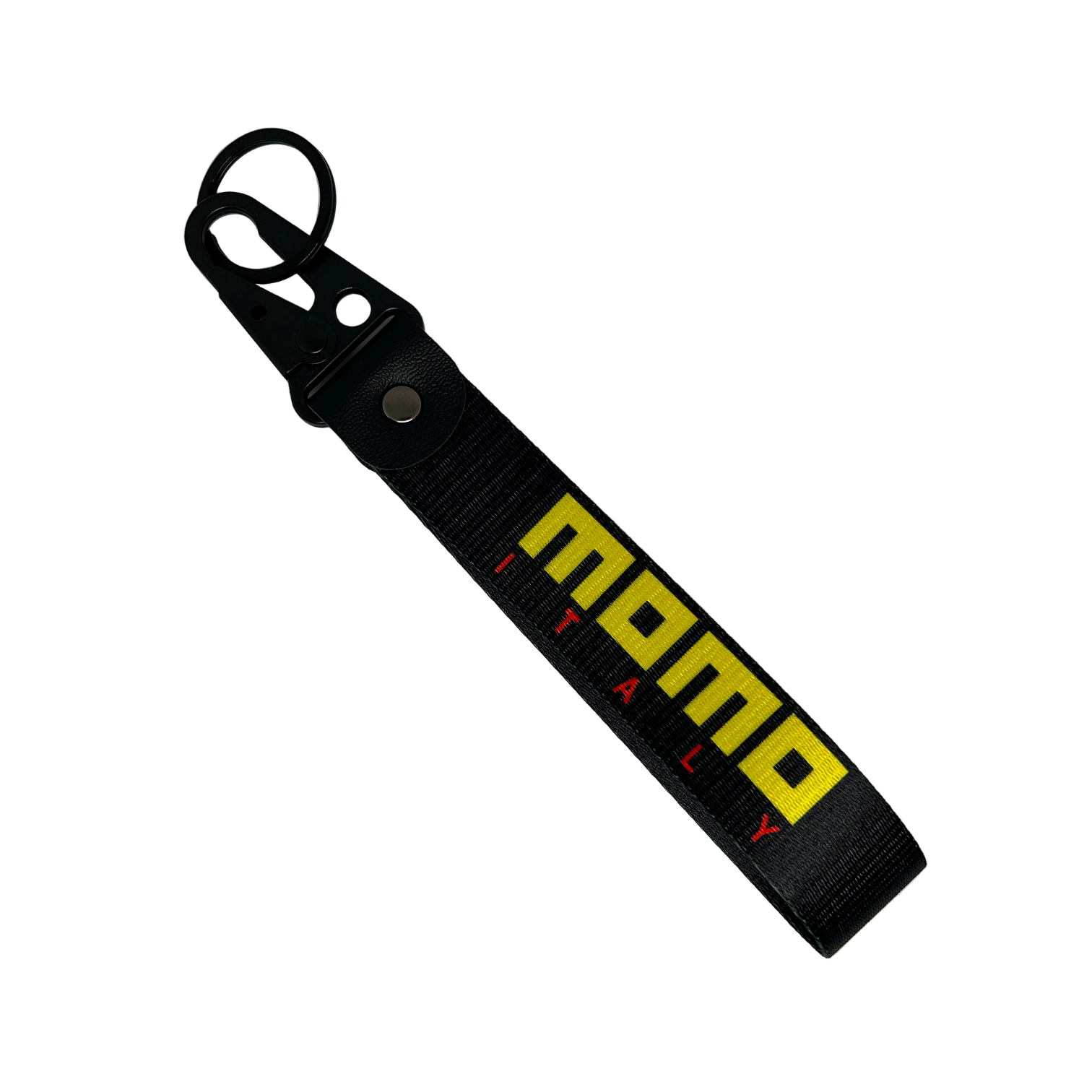 Black key tag with MOMO branding in yellow – Motorev JDM car accessory