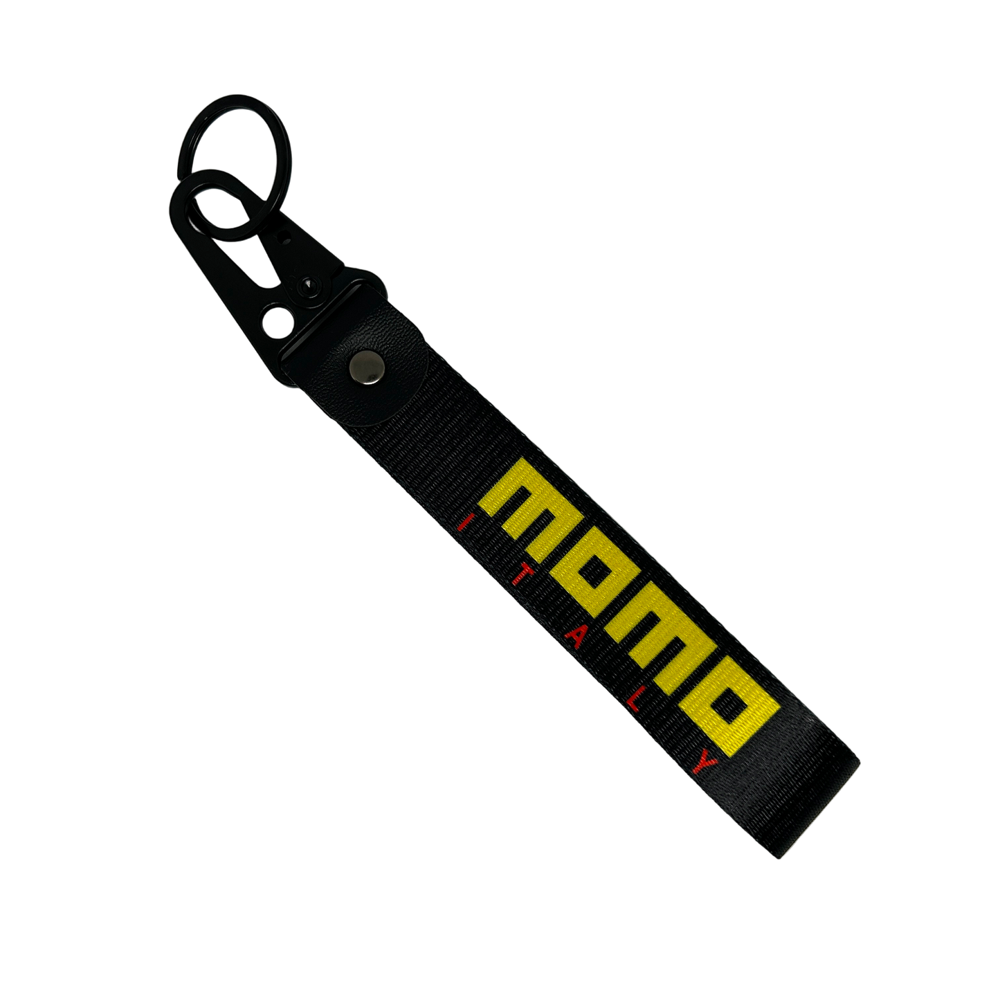 Black key tag with MOMO branding in yellow – Motorev JDM car accessory