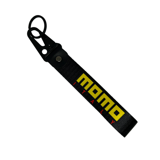 Black key tag with MOMO branding in yellow – Motorev JDM car accessory