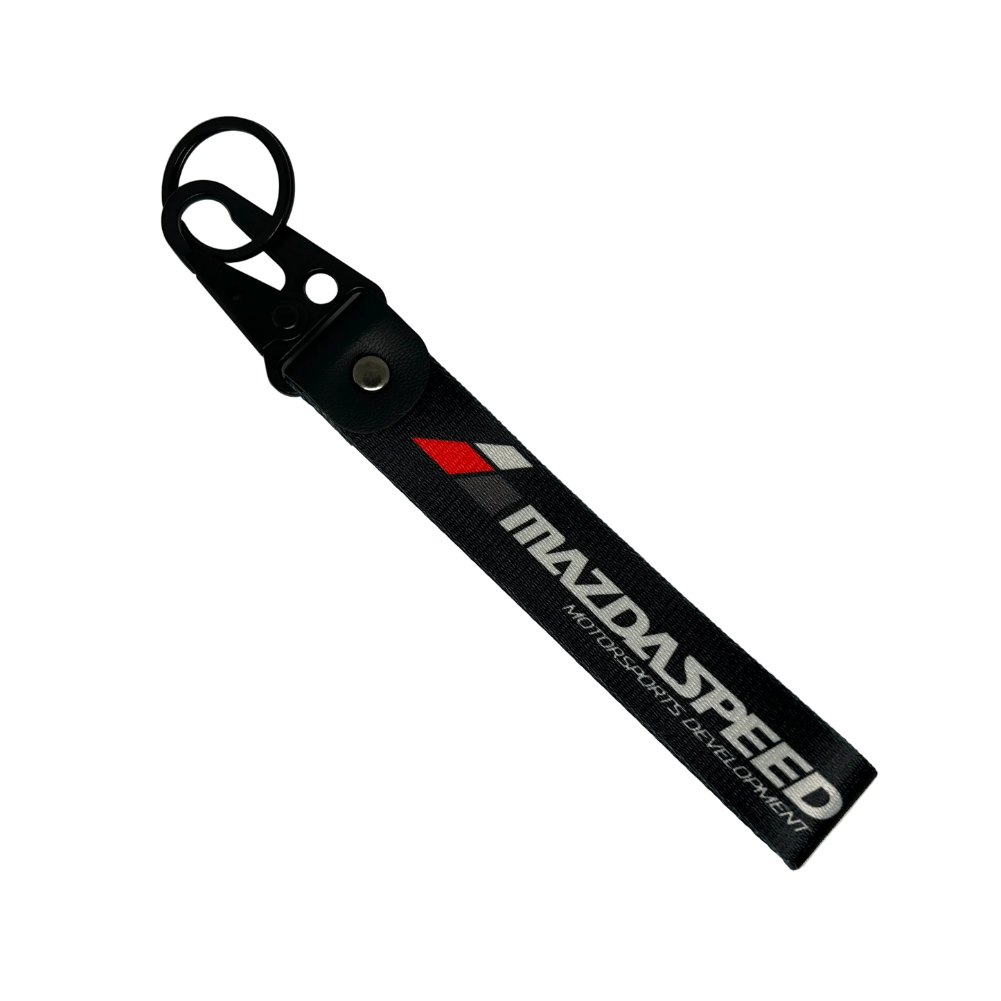 Black Mazdaspeed key tag with performance branding – Motorev JDM car keychain accessory
