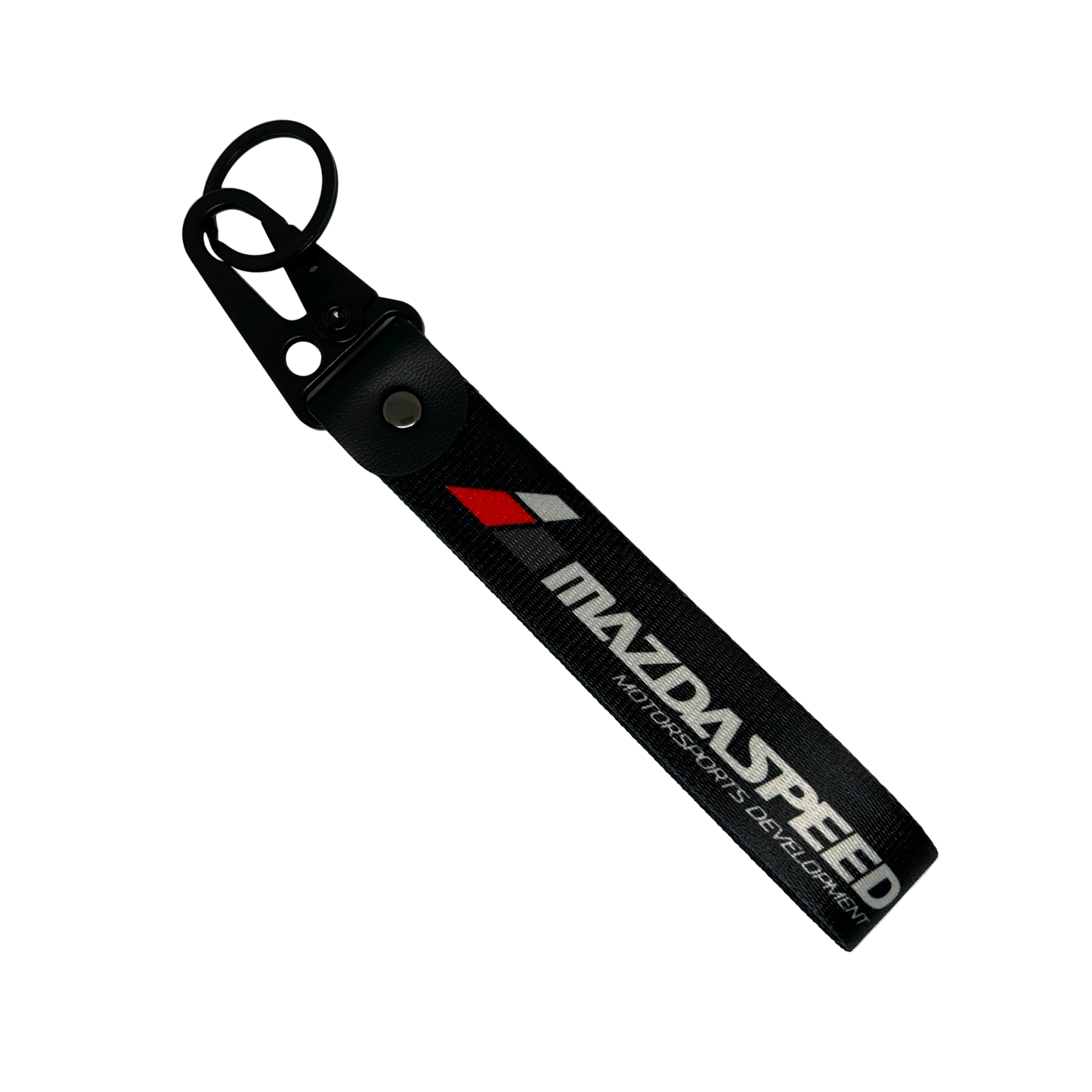 Black Mazdaspeed key tag with performance branding – Motorev JDM car keychain accessory