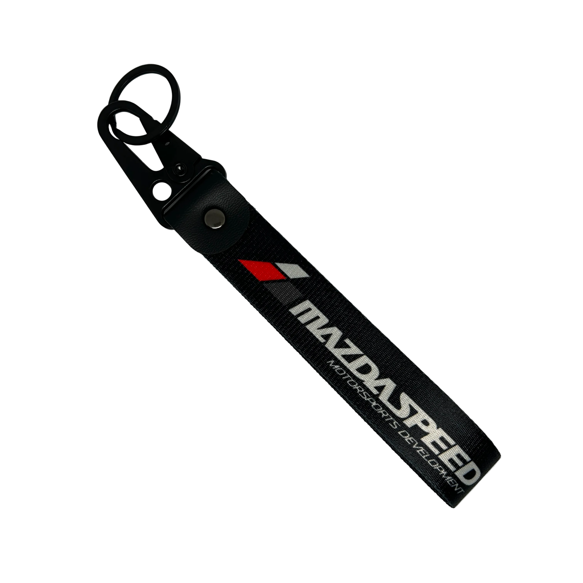 Black Mazdaspeed key tag with performance branding – Motorev JDM car keychain accessory