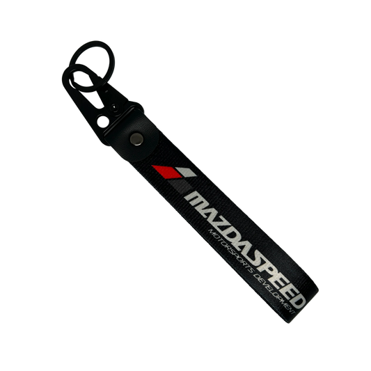 Black Mazdaspeed key tag with performance branding – Motorev JDM car keychain accessory