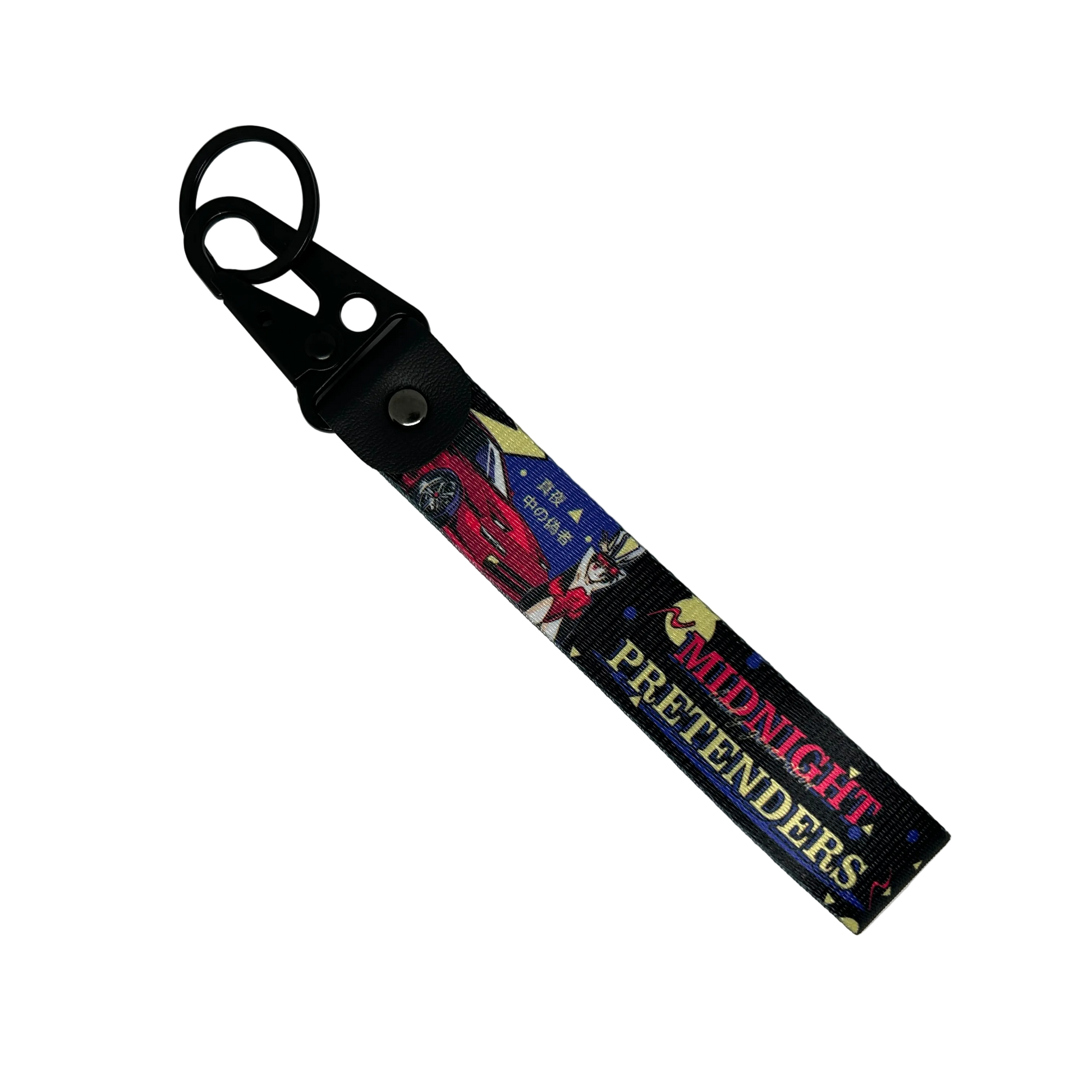 Motorev Midnight Pretenders car key tag, a zinc alloy and nylon JDM keyring featuring bold midnight street racing-inspired artwork, scratch resistant and built for JDM and car culture enthusiasts UK