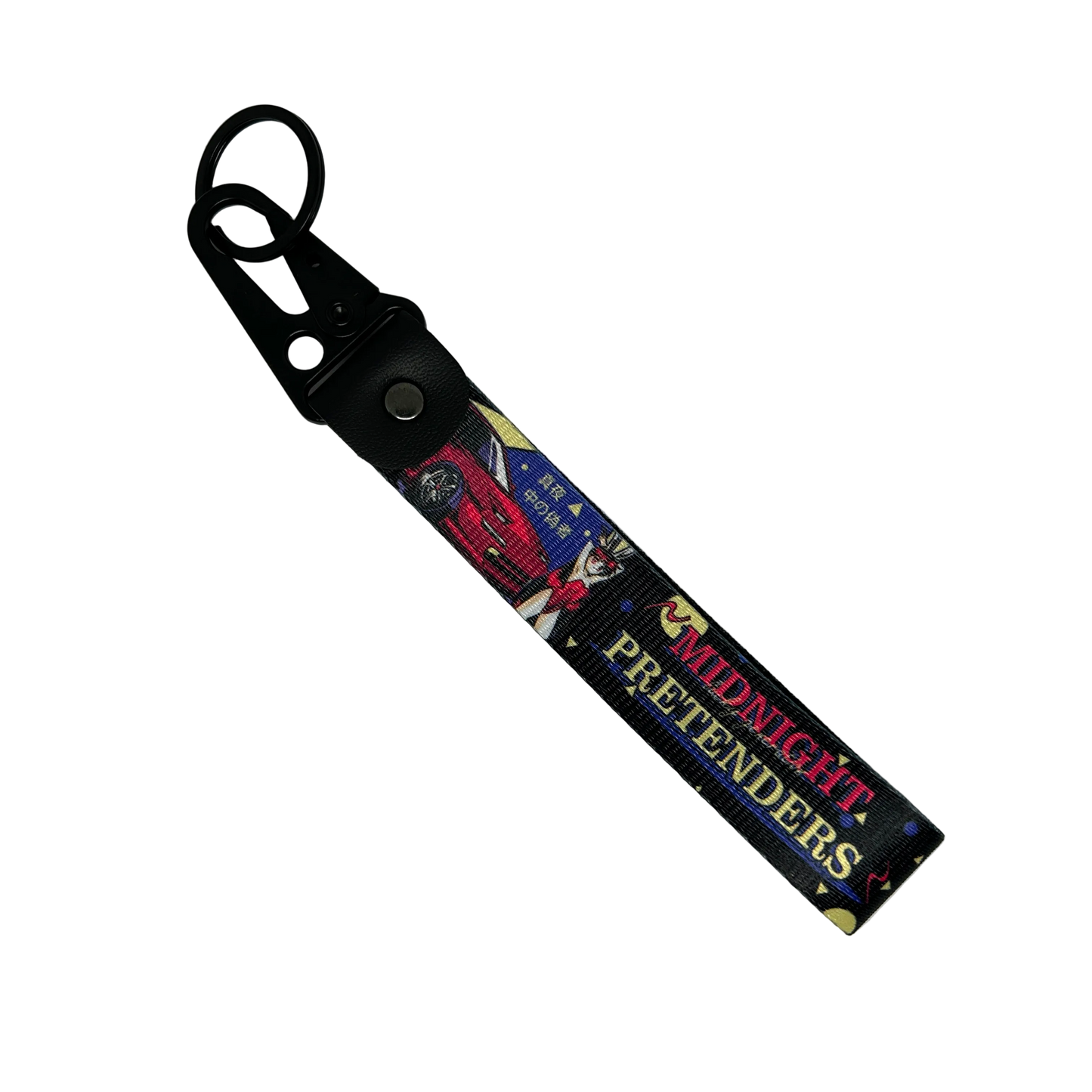 Motorev Midnight Pretenders car key tag, a zinc alloy and nylon JDM keyring featuring bold midnight street racing-inspired artwork, scratch resistant and built for JDM and car culture enthusiasts UK